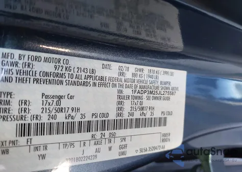 2018 Ford Focus Sel z USA, uszkodzony, nr VIN 1FADP3M25JL275587